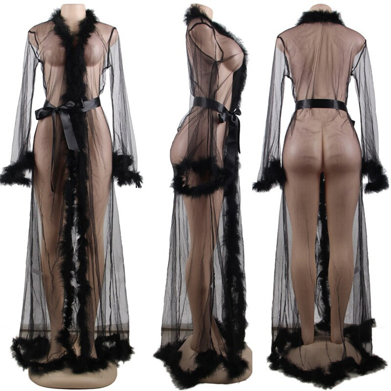 Sexy Sheer Dressing Gown Black Robe Kimono Negligee Tulle Satin Chiffon  Geisha | eBay